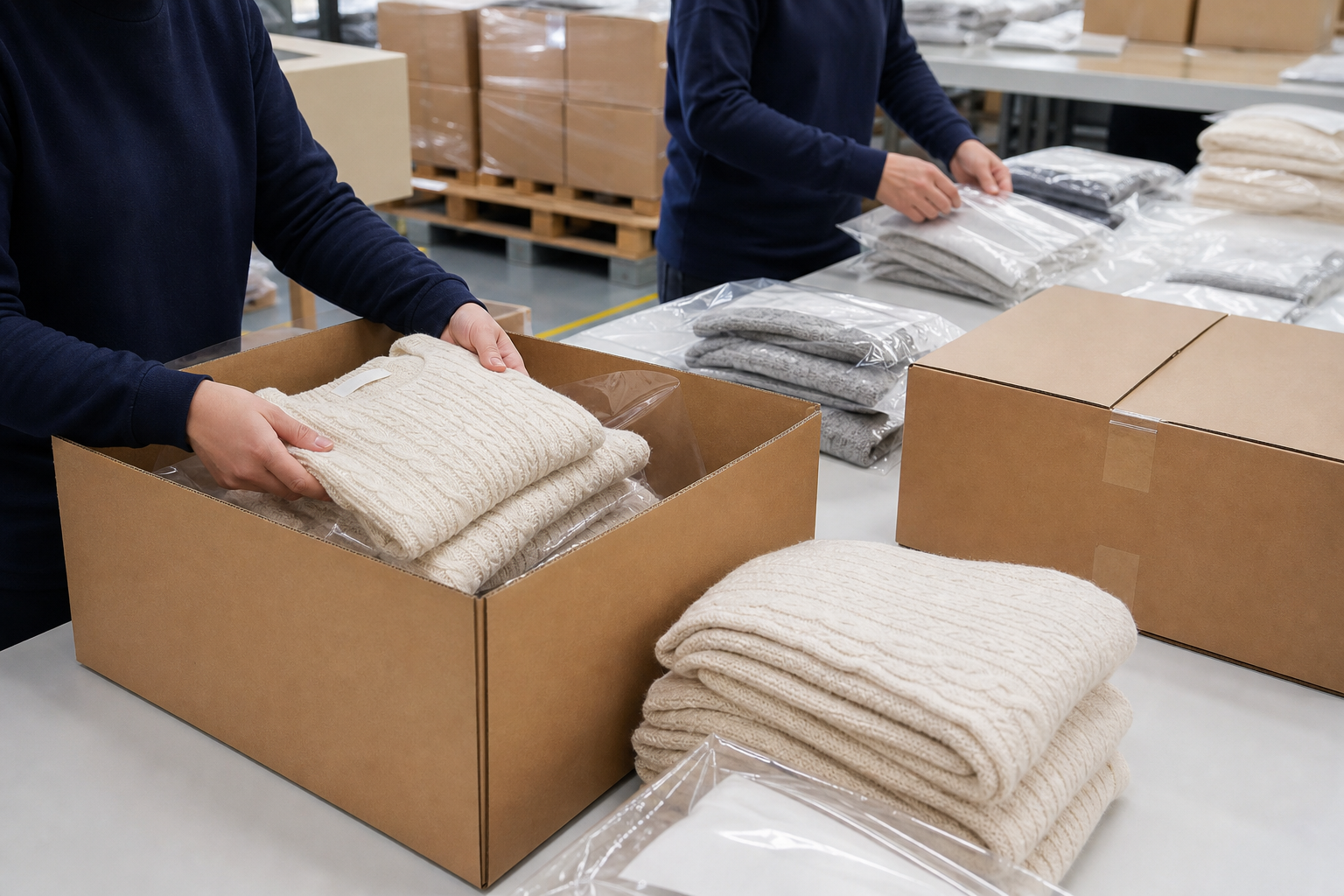 Finished knitwear packed into cartons for export shipment