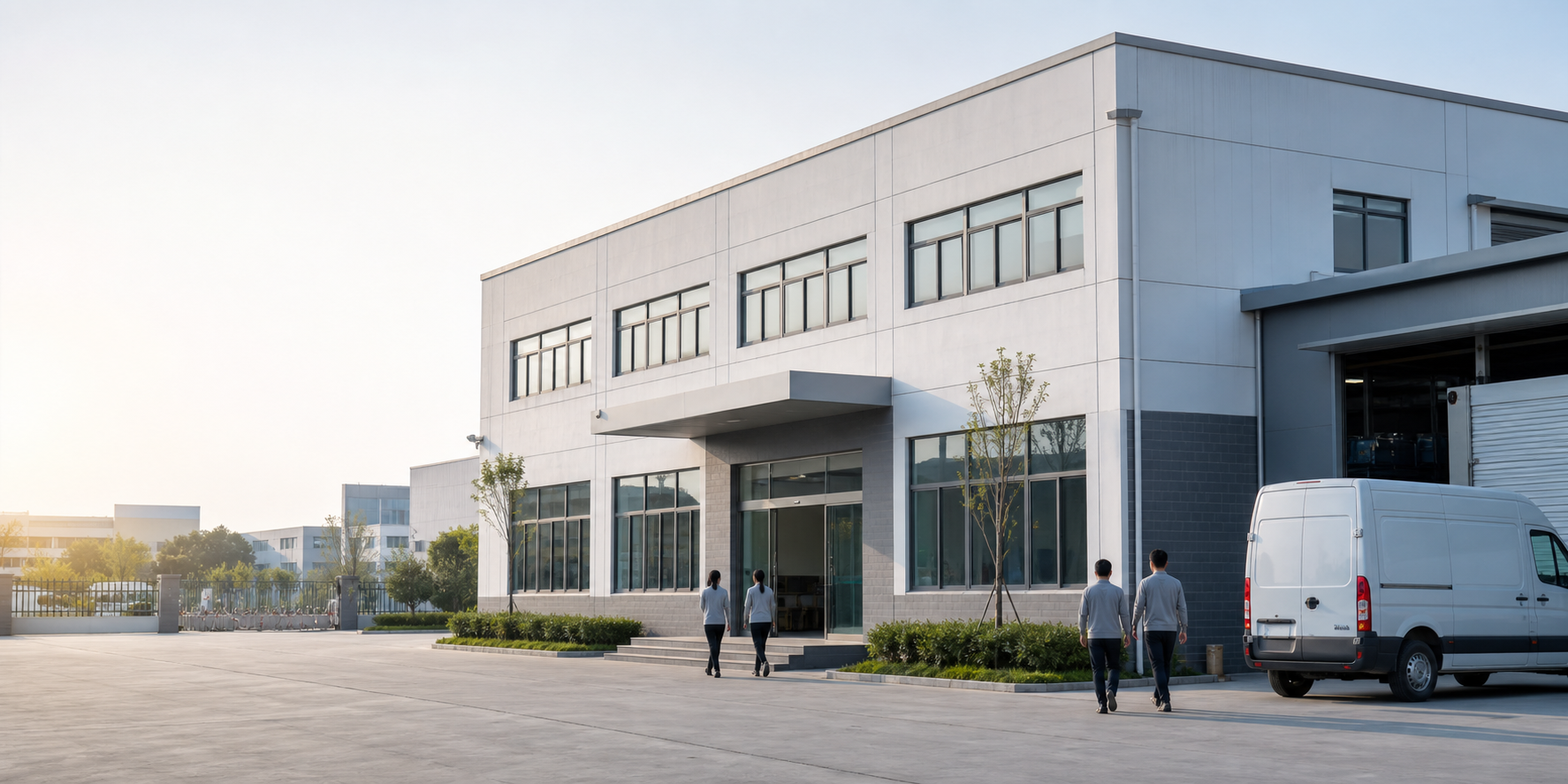 Modern knitwear factory exterior in an industrial park