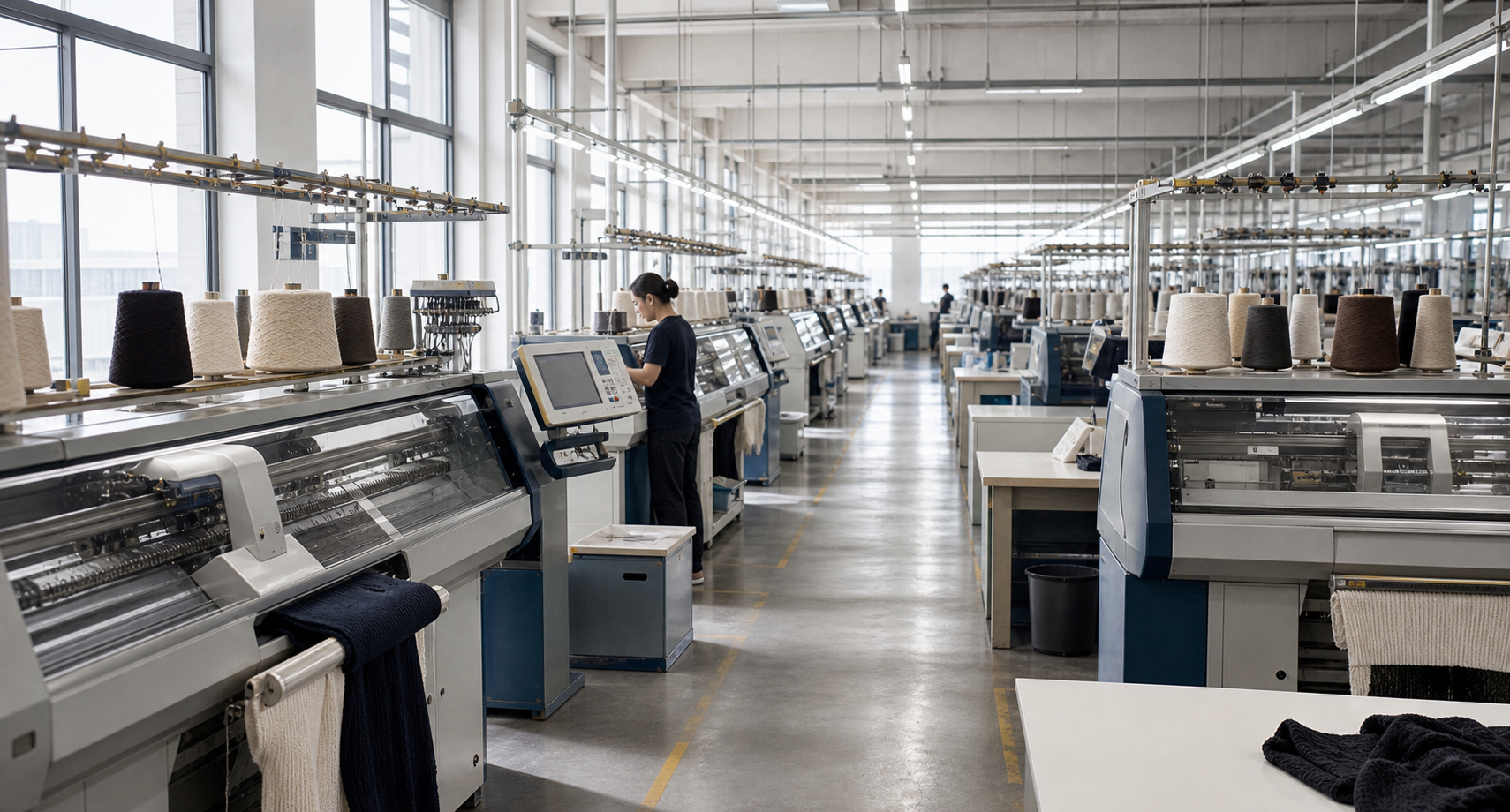 Rows of computerized flat knitting machines in a knitwear factory