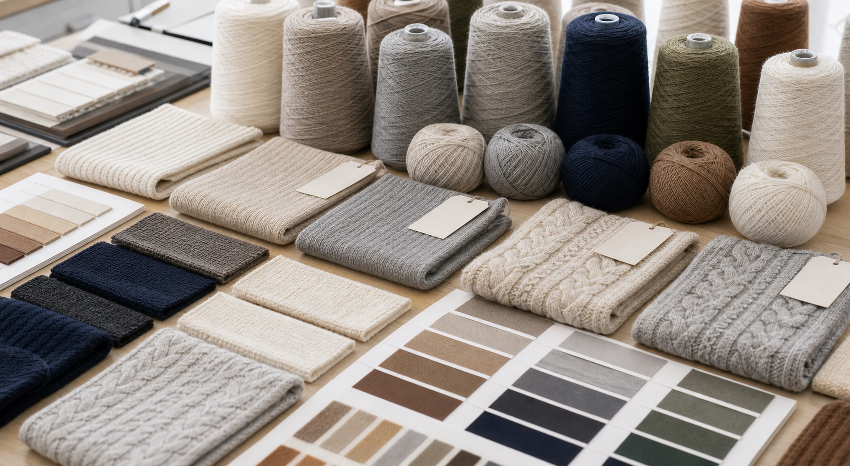 Yarn cones, knitted swatches, and color cards for material planning