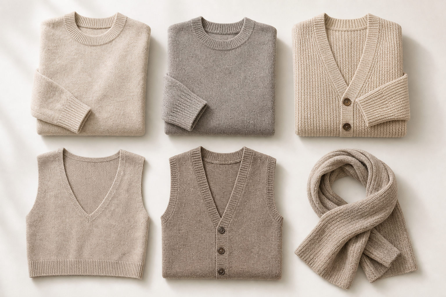 Lightweight knit top and sweater samples arranged by color