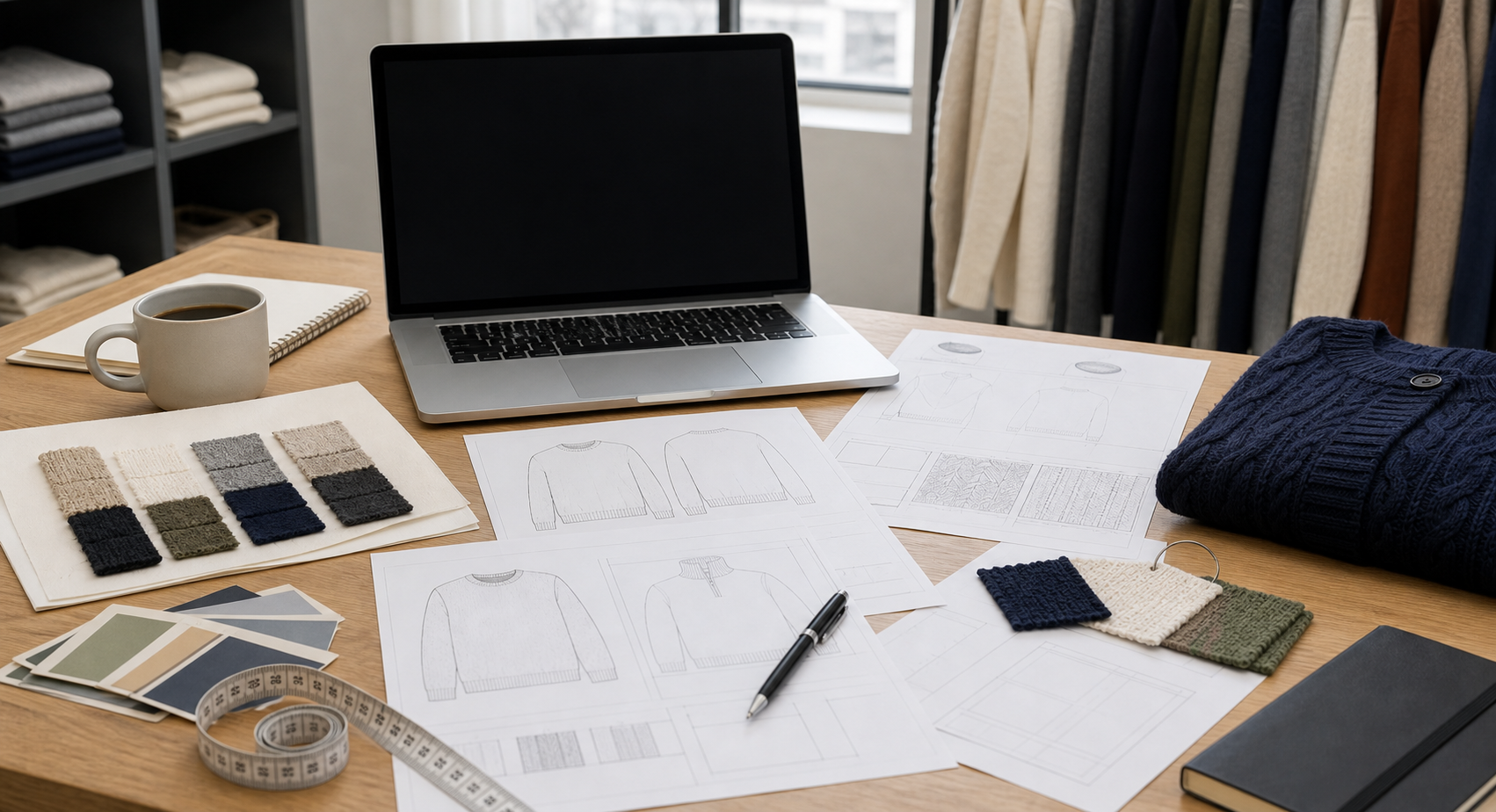 Knitwear RFQ desk with tech pack sketches and material swatches
